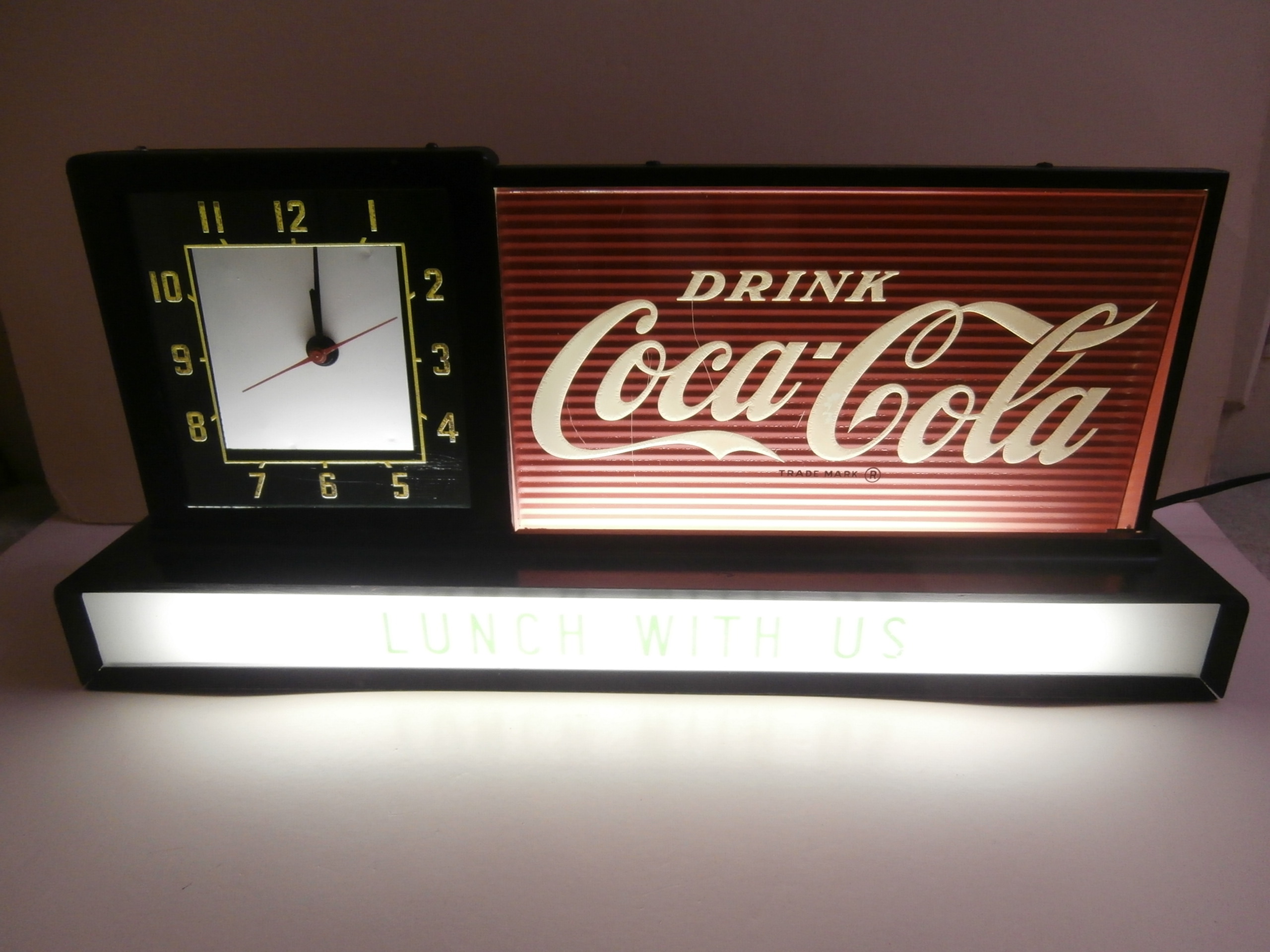 Coca Cola Fountain Lighted Clock and Sign Dated 1954